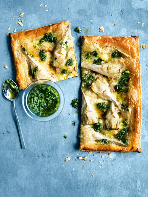 Artichoke, pesto and Brie tart