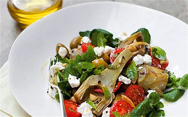 Artichoke, ricotta and almond salad with honey and preserved-lemon dressing