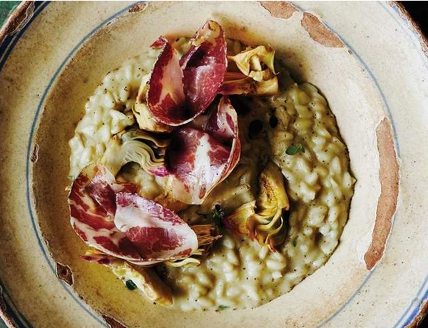 Artichoke risotto with capocollo and pecorino
