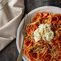 Artichoke spaghetti with toasted garlic breadcrumbs