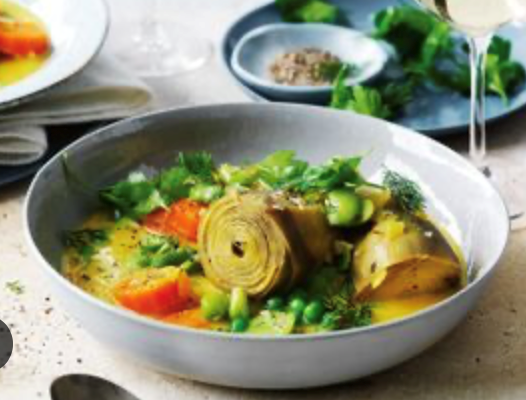 Artichokes a la Polita and saffron avgolemono soup