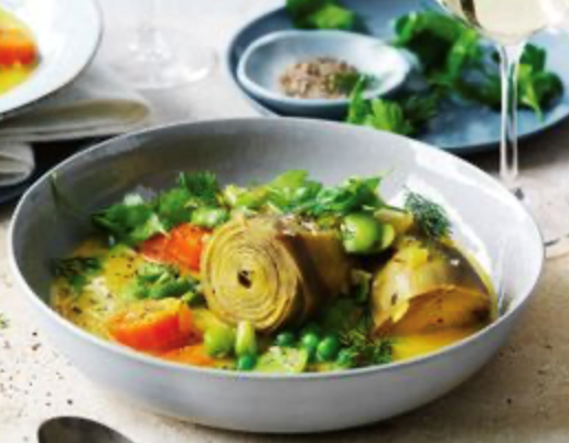 Artichokes a la Polita and saffron avgolemono soup