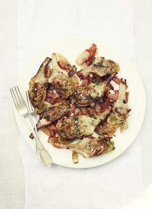 Artichokes braised with onions and bacon