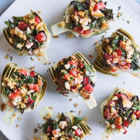 Artichokes with garlic, lemon, chard & tomatoes 