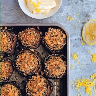 Artichokes with lemon and oregano breadcrumbs and citrus mayonnaise
