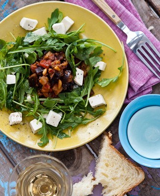 Arugula & mozzarella salad with eggplant caponata