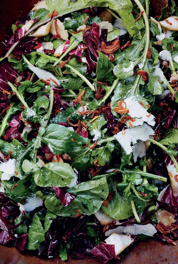 Arugula & radicchio salad with crispy shallots & shallot oil-sherry vinaigrette