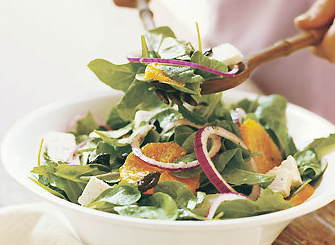 Arugula and mint salad with oil-cured black olives, oranges, and ricotta salata