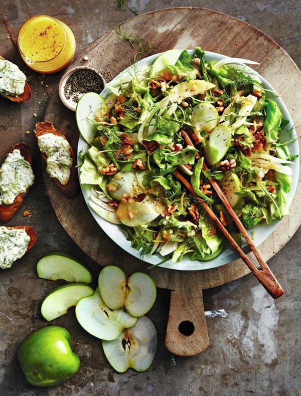 Arugula, apple, and fennel salad with citrus vinaigrette and three-cheese crostini
