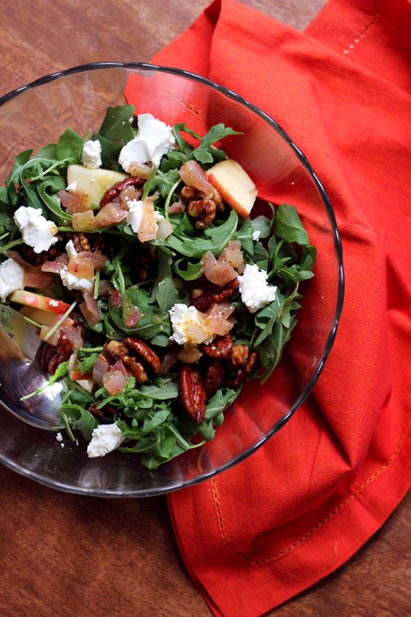 Arugula, apple, goat cheese and candied pecan salad with cider vinaigrette