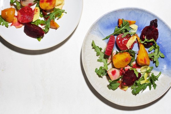 Arugula-baby beet salad with ginger vinaigrette