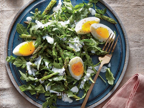 Arugula, egg, and charred asparagus salad