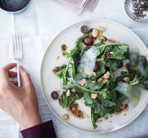 Arugula, grape, and almond salad with saba vinaigrette
