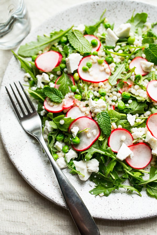 Arugula, pickled radish and sorghum with peas and ricotta salata