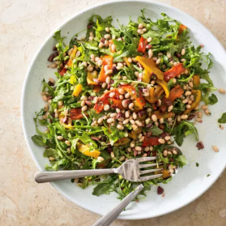 Arugula, roasted bell pepper, and white bean salad