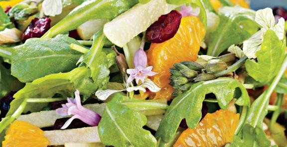 Arugula salad with tangerines, Asian pear, dried cranberries, and toasted almonds