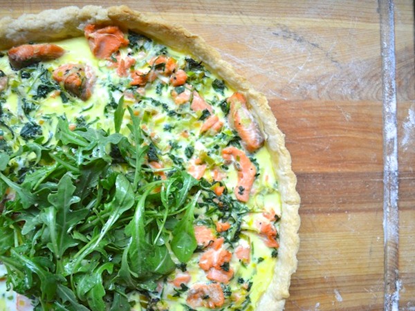 Arugula, salmon, and leek tart