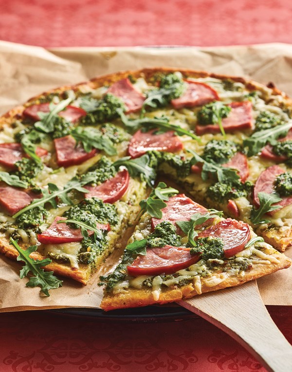 Arugula salsa verde pizza with Canadian bacon