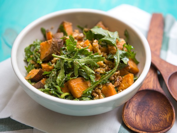 Arugula, sweet potato, and walnut salad with dashi "vinaigrette"