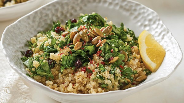 Arugula with Parm, pepitas, currants, and quinoa