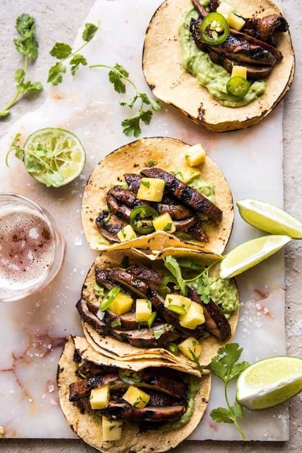 Asada mushroom tacos with lime smashed avocado