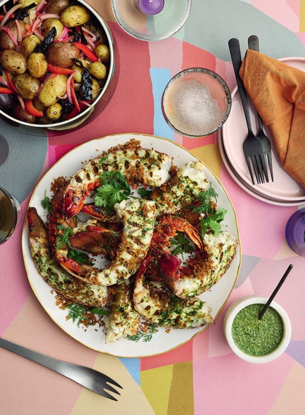 Asado (barbecued) crayfish with braised chilli potato salad & dill coriander chimichurri