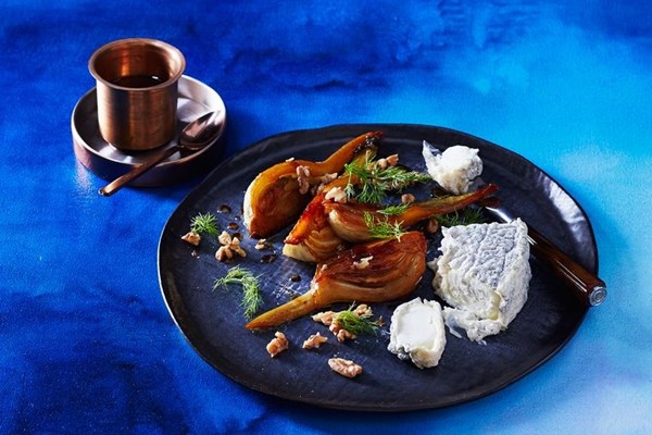 Ashed goat's cheese with candied fennel and walnuts