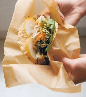 "Asia tacos" with crisped braised pork