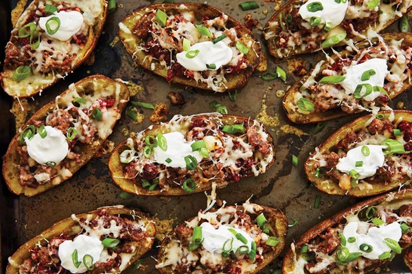 Asiago and sausage potato skins