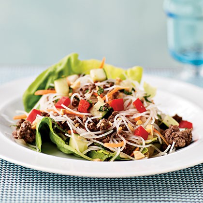 Asian beef and noodle-filled lettuce cups
