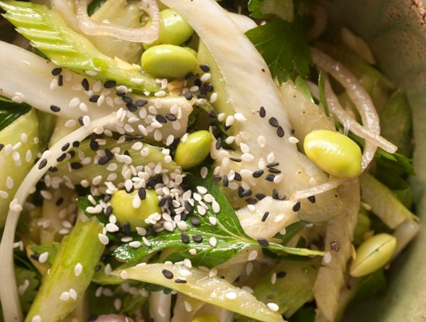 Asian celery, fennel, and edamame salad with candied lemon