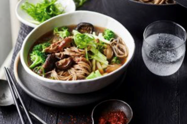Asian chicken broth with soba noodles