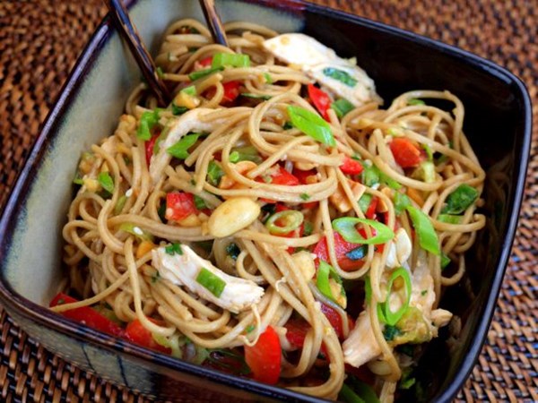 Asian chicken noodle salad with ginger-peanut dressing 
