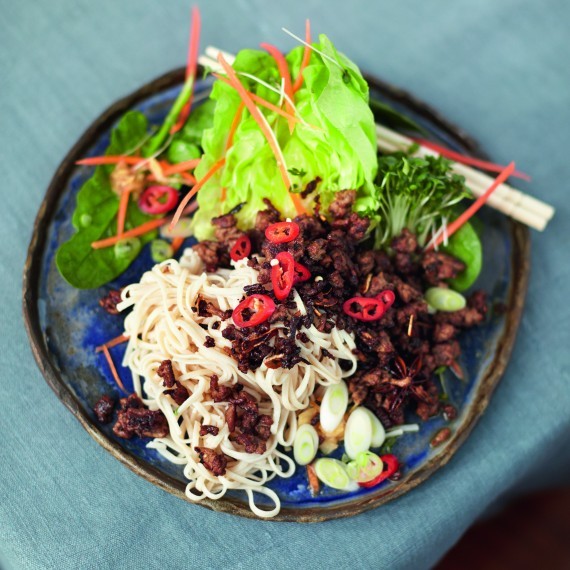 Asian crispy beef, brown rice noodles & loadsa salad