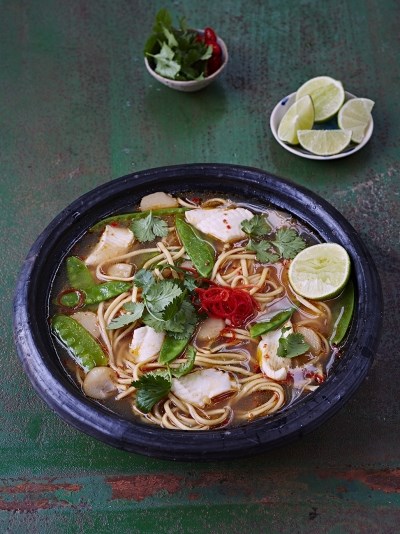 Asian egg noodle broth with fish