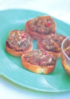 Asian-flavoured aubergine crostini