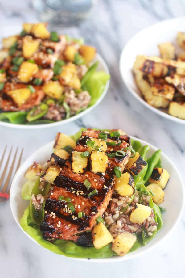 Asian grilled salmon pineapple and rice lettuce wraps
