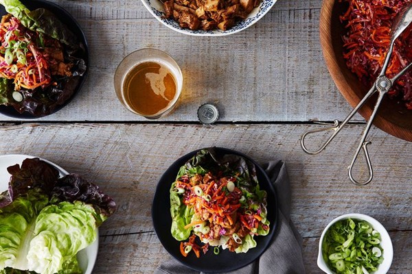 Asian-inspired chicken lettuce wraps with slaw