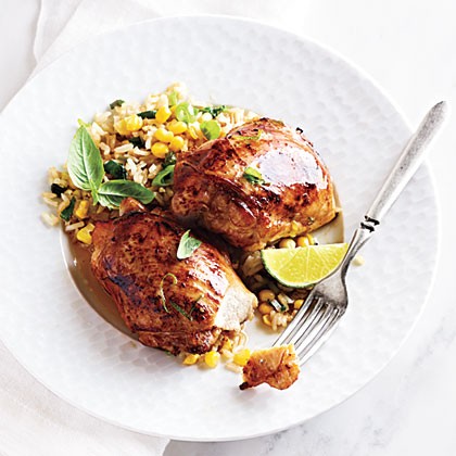 Asian marinated chicken with corn and basil faux-fried rice