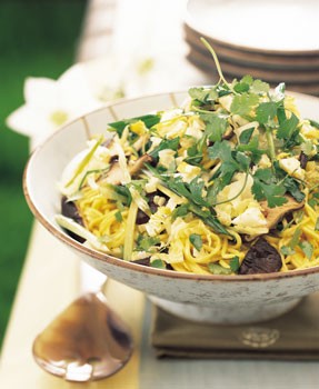 Asian noodle, mushroom, and cabbage salad
