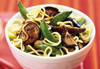 Asian noodle salad with eggplant, sugar snap peas, and lime dressing