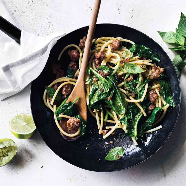 Asian pork noodles with spinach