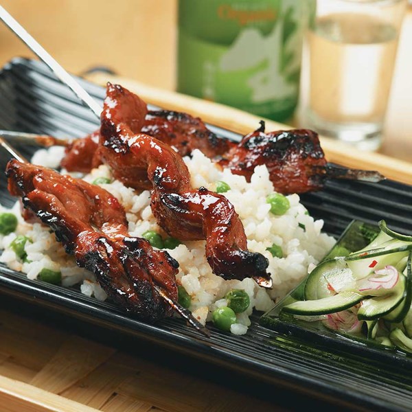Asian pork satays with sticky rice