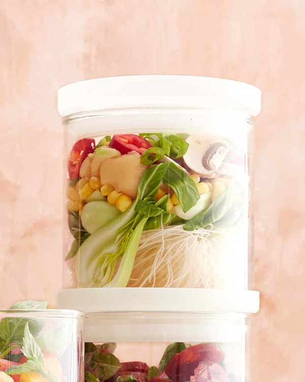 Asian rice-noodle soup with bok choy