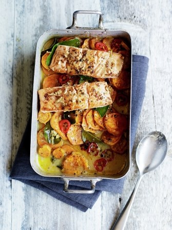 Asian salmon & sweet potato traybake