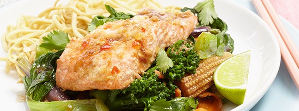 Asian saucy salmon on oodles of noodles