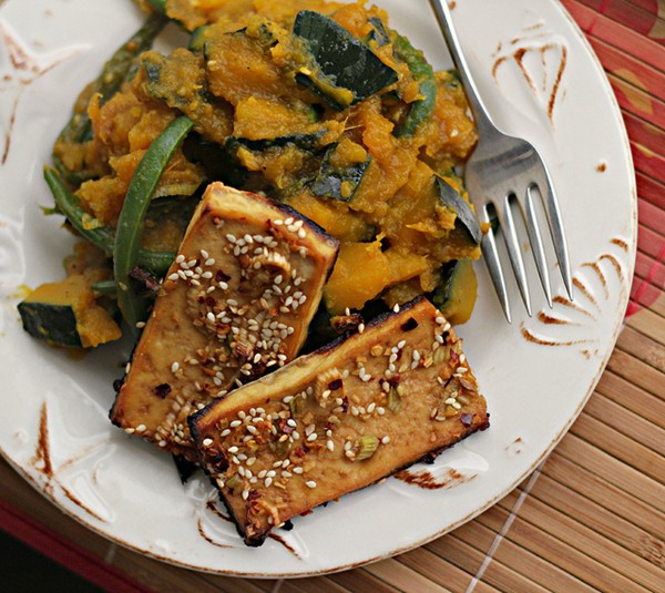Asian sesame tofu with braised winter squash and green beans