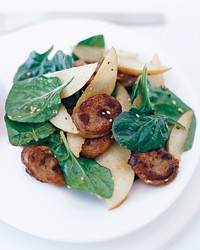Asian spinach salad with sausage and pears