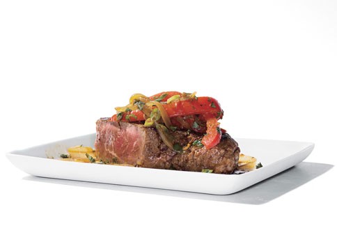 Asian steak topped with bell pepper stir-fry