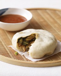 Asian steamed buns with bok choy and Chinese chives